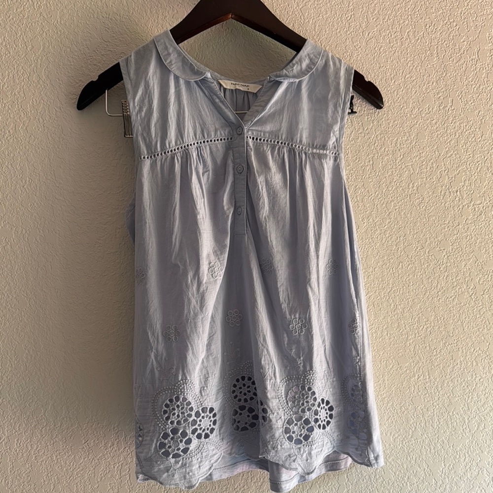NAF NAF Blue Sleeveless Blouse with Embellished Peter Pan Collar